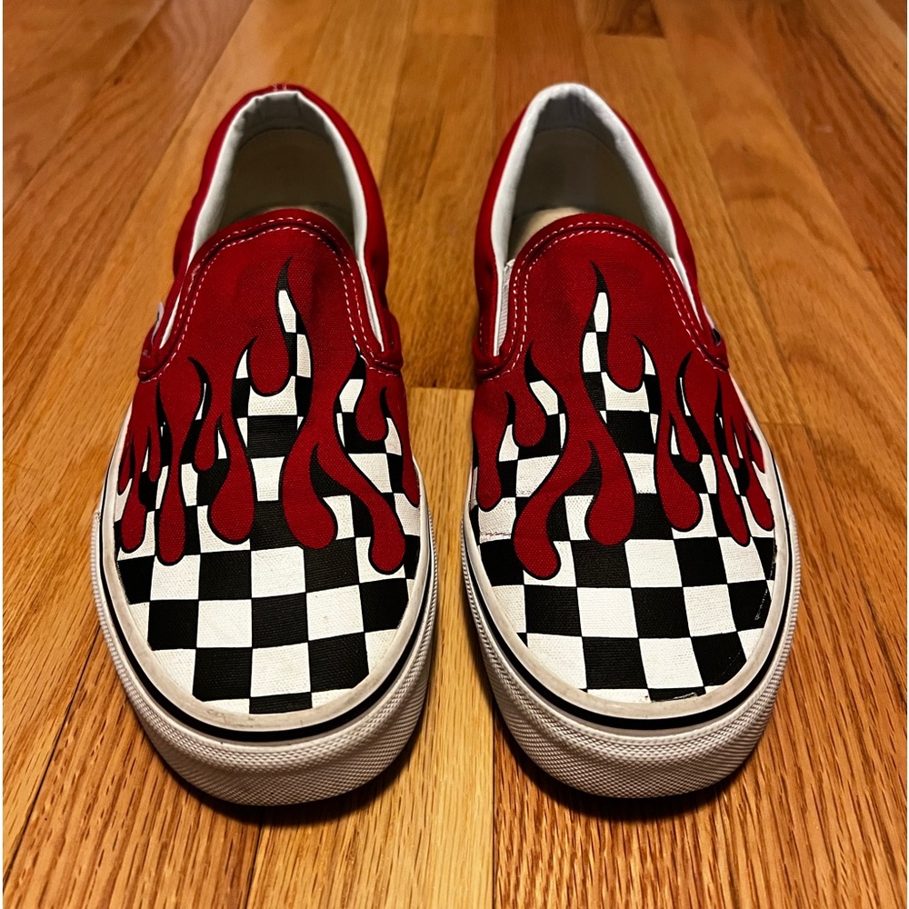 VANS, red black and white checkered slip on vans